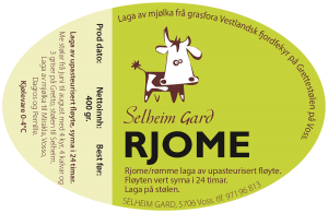 Etikett for Rjome (rømme)i beger. Selheim Gard
