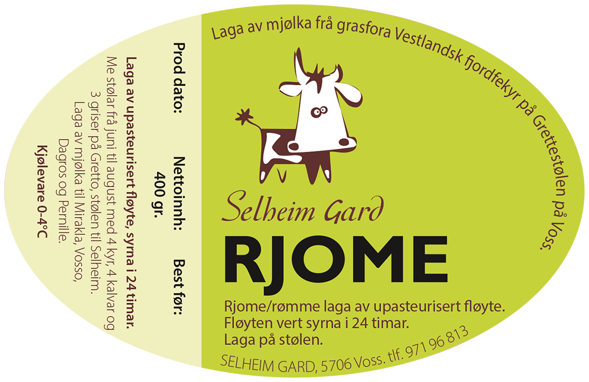 Etikett for Rjome (rømme)i beger. Selheim Gard