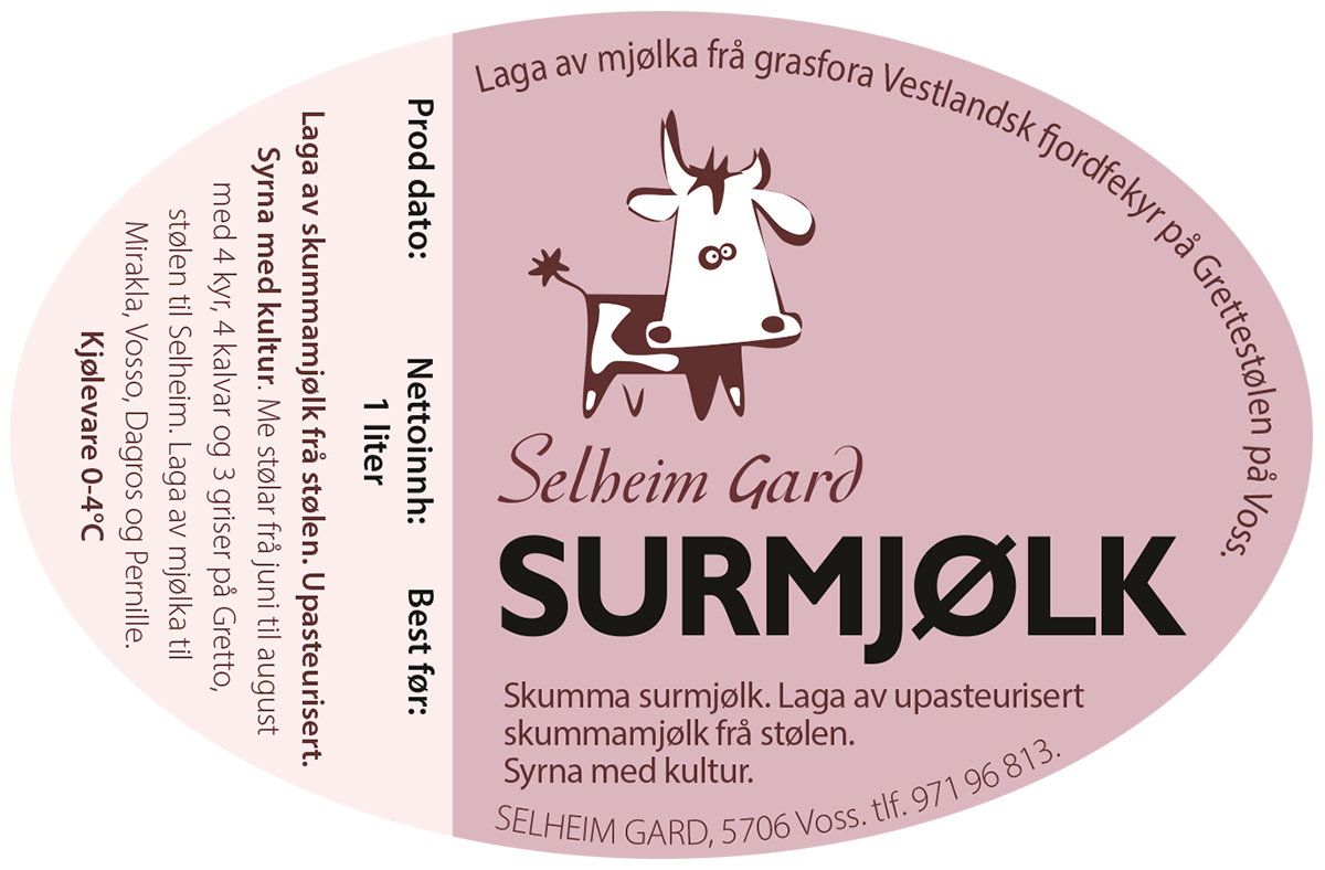 Etikett for surmjølk, stølsprodukt frå Selheim gard